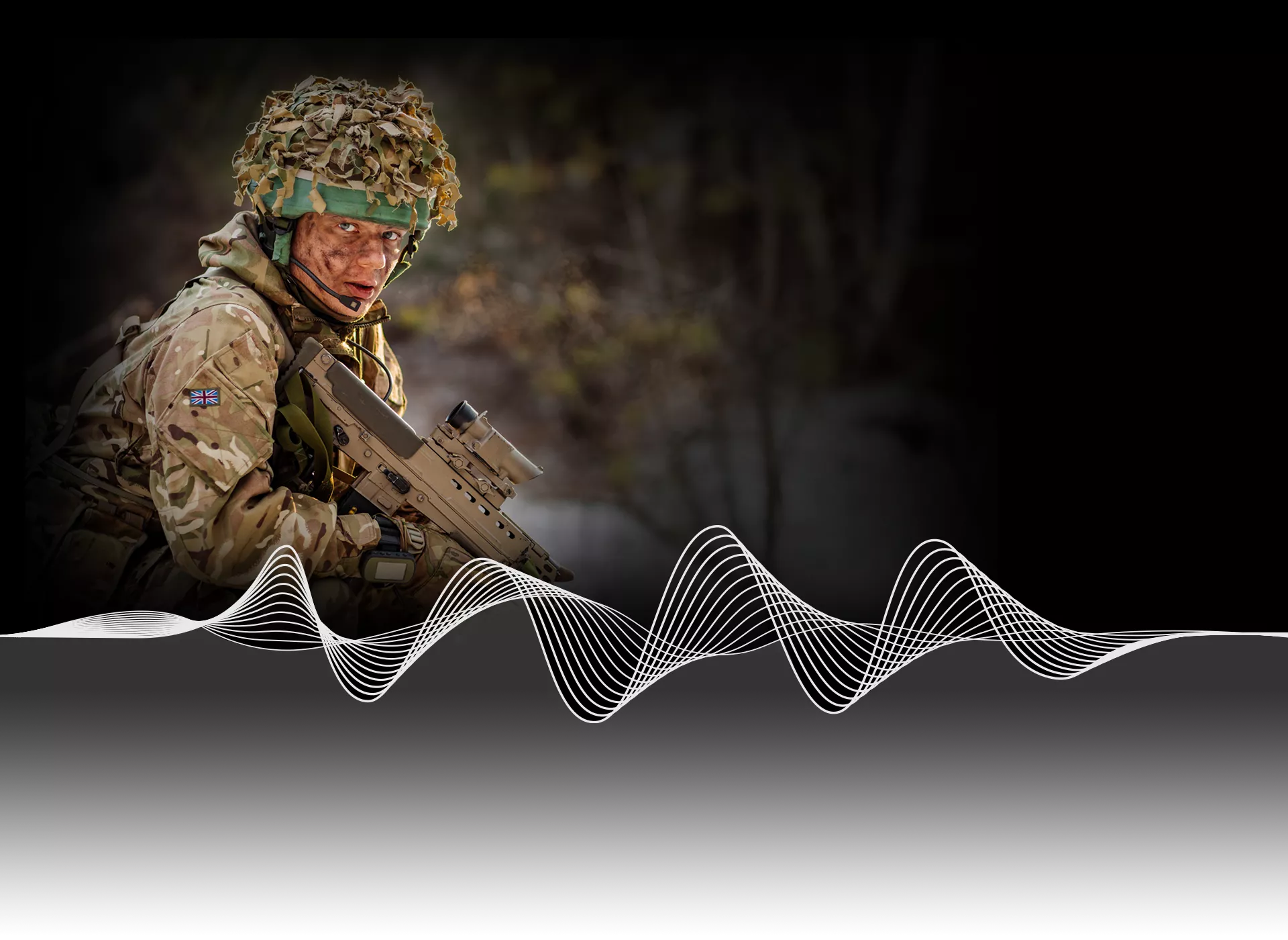 British Soldier looking at the camera with RF radio wave in the foreground
